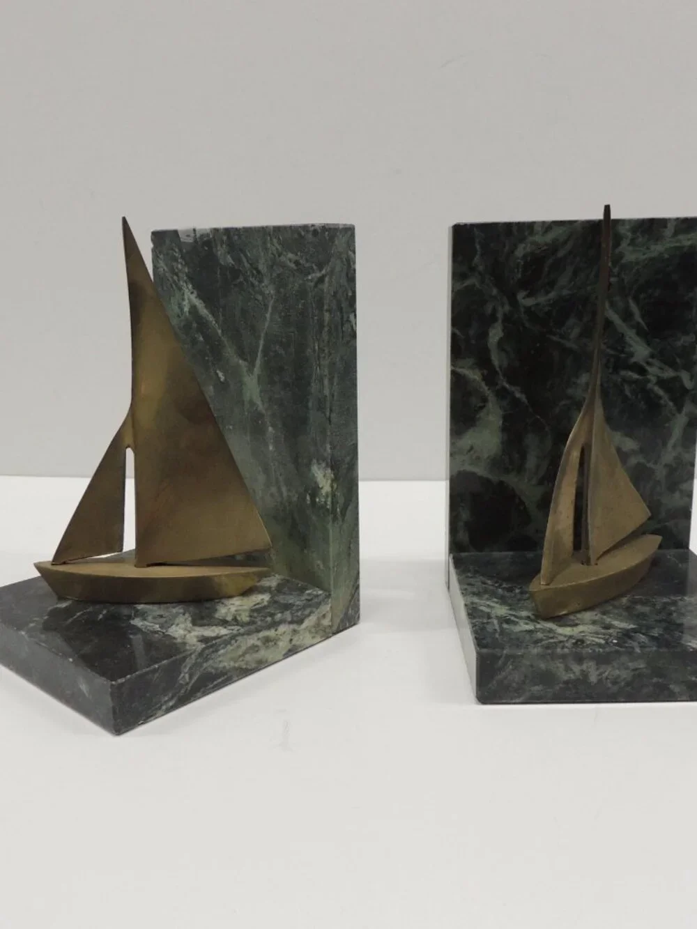 MCM Vintage Brass Sailing Boats and Green Marble Bookends